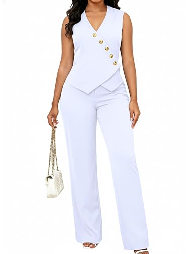 Ophestin Pant Suits for Women Dressy Business 2 Piece Vest Pants Set White