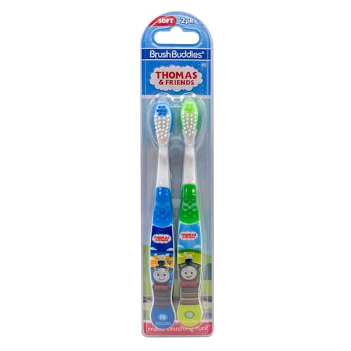 Brush Buddies Thomas and Friends Kids Toothbrush Twin Pack – Manual Toothbrushes for Toddlers & Children Ages 3+ – Soft Bristles – Green & Blue – Character Toothbrush for Boys & Girls