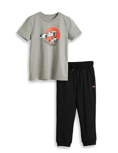 Image of Amazon Brand - Jam & Honey Boys 100% Cotton Solid Print Mid Rise Track Pants (Joggers) and t-Shirt, Grey Melange + Black, 11-12 Years