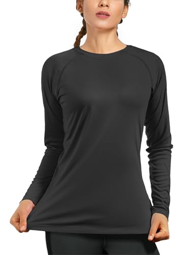WISMBOX Womens Long Sleeve Rash Vest Quick Dry UPF 50+ UV Protection Swimming Tops for Ladies Snorkeling Holiday Beach Surf Black