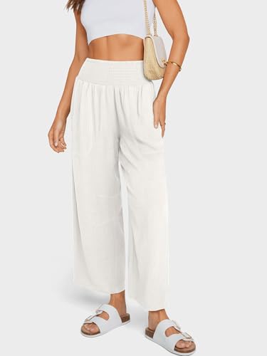 CHARTOU Women's Smocked High Waisted Palazzo Pants Baggy Cropped Wide Leg Casual Work Trousers with Pockets4