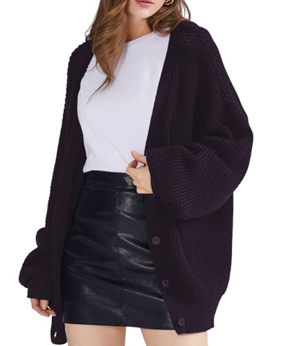 Image of QUALFORT Women's Oversized 100% Cotton Cardigan Sweater | Long Sleeve V Neck Button Down Open Front Knit Outerwear