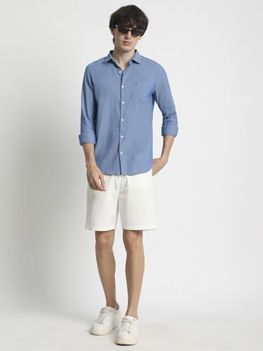 Image of The Bear House Men's Blue Solid Spread Collar Shirt with Brand Logo on Patch Pocket