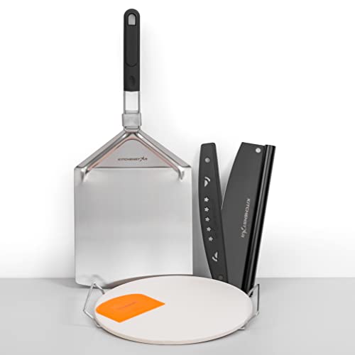 Kitchenstar Pizza Stone For Oven And Grill 12 Inch + Pizza Cutter Rocker 12" Black + Pizza Paddle With Folding Handle (9.5 X 14 Inches) - Pizza Making Set Bundle #TOP1