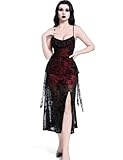 LANSHULAN Red & Black Velvet Slit Fitted Midi Goth Dress,Gothic Vintage Renaissance Halloween Dress