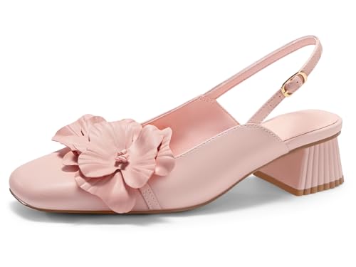 Coutgo Womens Slingback Chunky Heels Flower Closed Square Toe Pumps Work Dress Shoes