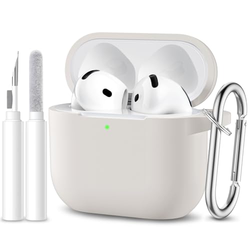 Maledan Cover Compatibile con AirPods 4 2024 Custodia, Case Protettiva Antiurto in Silicone Morbido per Apple AirPods 4 Generazione Custodia con Kit di Pulizia e Moschettone [LED visibile], Beige