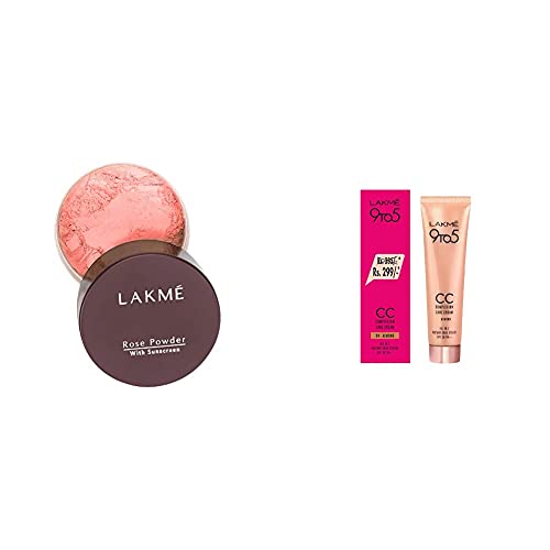 Image of LAKME Rose Face Powder With Natural Sunscreen For Oily Skin, Warm Pink, 40G & 9 To 5 Complexion Care Cc Face Cream Light Coverage, Almond, Conceals Dark Spots & Blemishes, 30G
