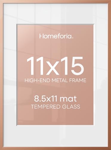 Image of Homeforia 11x15 Picture Frame Rose Gold, High End Metal 11x15 Wall Hanging Frame with Mat 8.5x11, 11 x 15 Poster Frames Matted to 8.5 x 11 inch Photo, 11by15 Frames, Tempered Glass, Wall Kit, Set of 1