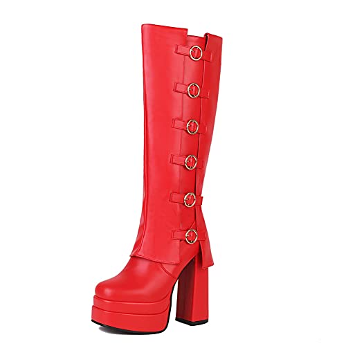 PAUVAODY Moda Mujers Alto Tacón Ancho Knee Botas Altas Plataforma Heels Botas Largas Pull On Dress Botas por encima de la Rodilla Fiesta Botas Red Size 44 Cover