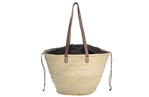 Afrikan Bags - Bolso Capazo de Palma | Bolso de Palma de Base Oval con Asa Bandolera en Marrón Oscuro y Cierre Ajustable - 48 x 17 x 30 cm