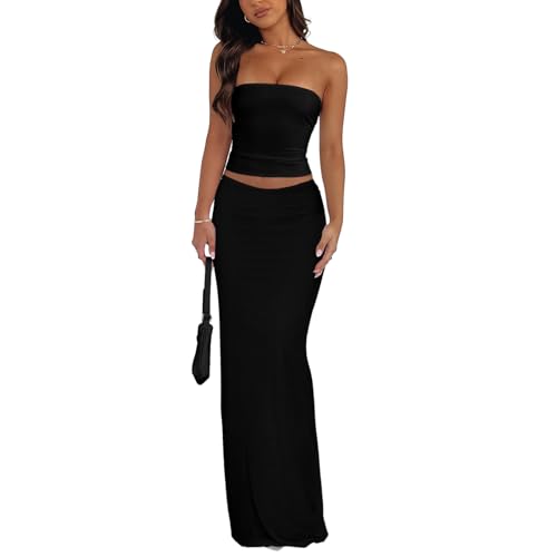 Image of Goafuliy 2 Piece Skirt Sets for Women Summer, Floral Sleeveless Tube Top Bodycon Maxi Skirts Y2k Vacation Going Out Outfits