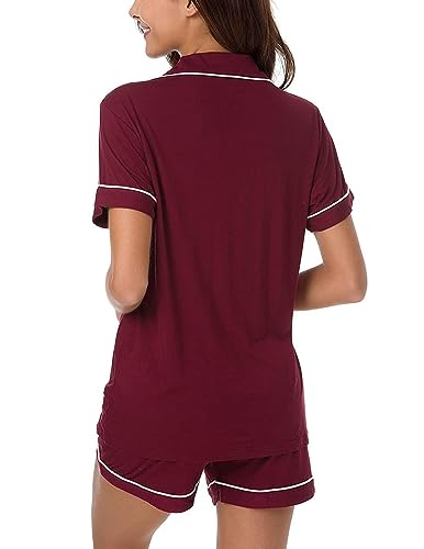 Yoolfine Womens Pajama Sets Short Sleeve Sleepwear Soft Button Down Nightwear Lounge Pj Set,Medium,Burgundy #TOP1