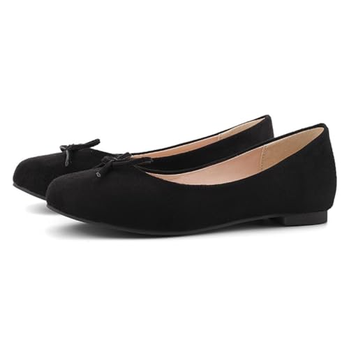 Alyaafifa Flat Ballet Pumps for Women with Cute Bow Tie Closed Round Toe Slip On Suede Matte Leather Dress Shoes Office Working Event Date Wedding Comfortable Daily Wear