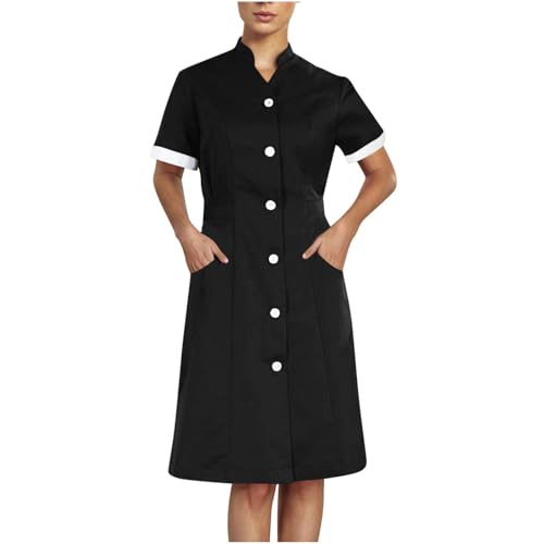Womens Summer Nursing Dress V Neck Short Sleeve Scrubs Dress Casual Working Knee Length Nurse Uniforms with Pockets