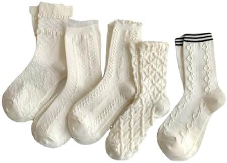 Image of Kelabia 5 Pair Cute Ankle Socks for Women - Coquette Cottagecore Ruffle Frilly Floral Knit Socks - Japanese Crew Causal Y2K