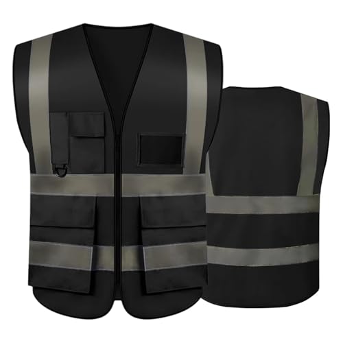imagen de Chaleco de Seguridad Tiras Reflectantes y Cierre Bolsillo para Credencial Trabajo Industrial Brigadista Multiusos Alta Visibilidad Poliester (1, Negro, Mediano)