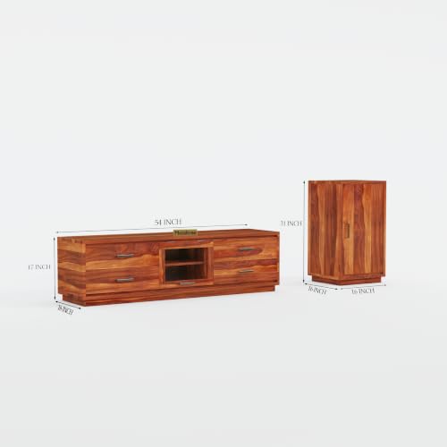 Image of Sheesham Wood Wooden tv Unit for Living Room 55 inch TV Furniture - Entertainment Unit Solid Wood tv Table for Living Room 55 inch TV Console with 4 Drawers, 4 Shelves