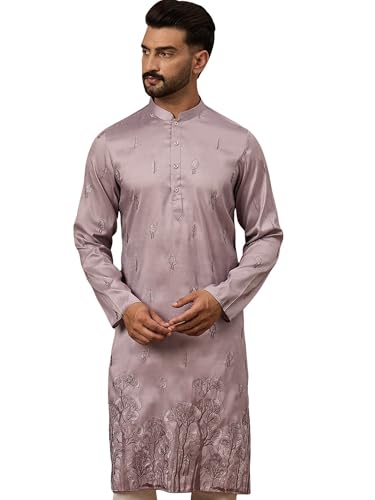 Ethnic Bay Men's Lavender Silk Blend Solid Embroidered Calf Length Kurta's | Embroidered Kurta for Men | Straight Fit Kurtas for Mens (MKU1333, M)
