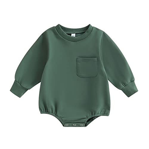 Image of AEEMCEM Baby Boy Girl Oversized Sweatshirt Romper Solid Long Sleeve Pocket Bubble Romper Sweater Onesie Top Fall Clothes