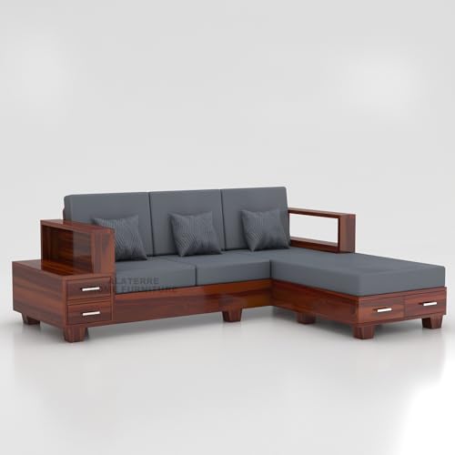 Image of Sheesham Wooden 4 Seater L- Shape Sofa for Living Room | Solid Wood Sofa with Side Box Storage & Cushion | Rosewood Sofa Set for Home & Office | Lounge (Honey, 4 Seater)