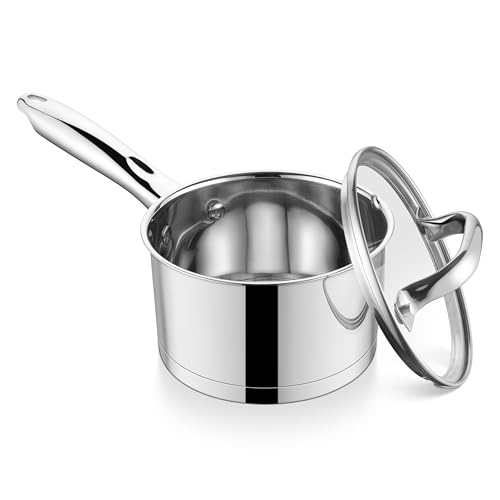 HaSteeL 1 Qt Tri-ply Saucepan, Stainless Steel Small Sauce Pan with Lid, Induction Sauce Pot for Cooking Boiling Stewing, Professional Pasta Soup Pot Compatible with All Stoves, Dishwasher Safe