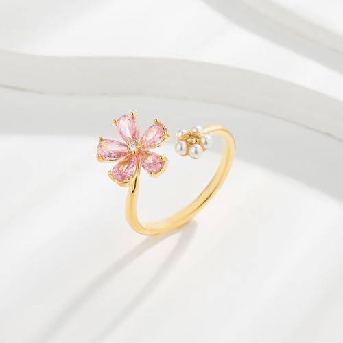 Kokoma Dainty Flower Ring for Women Sparkling Cubic Zirconia Daisy Open Statement Rings Pearl Chic Engagement Promise Ring Wrap Finger Band4