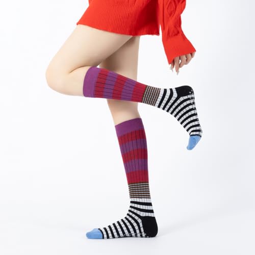 Image of Verdancy Yoga Pilates Socks with Grips for Women Striped Color-Blocked Knee Highs Non Slip Cushioned Over the Calf Socks