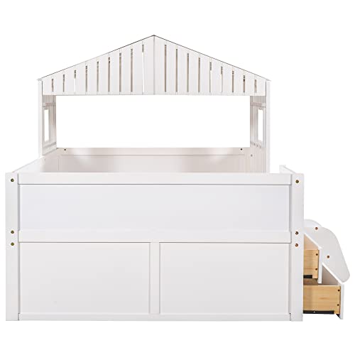 Harper & Bright Designs Full House Bed For Kids, Full Size Bed With 4 Storage Drawers, Fences And Roof, Solid Wooden Low Loft Bed Full Platform Bed Frame For Kids Teens Girls & Boys (Full, White) #TOP7