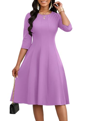 Image of CLOCOR Casual Midi Dresses for Women A-Line Fit and Flare Elegant Church 3 /4 Sleeve Crew Neck Dress with Pocket
