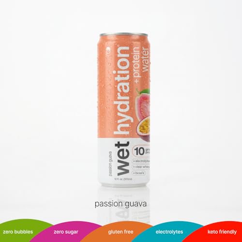 Image of Wet Hydration | Functional Wellness Water, Non-Carbonated - Passion Guava (12 fl. oz. / 355ml Cans, Pack of 12) - Zero Calorie Hydration Drink with Electrolytes, Clear Whey Protein, BCAAs, Protein Water, No Sugar, No Artificial Ingredients