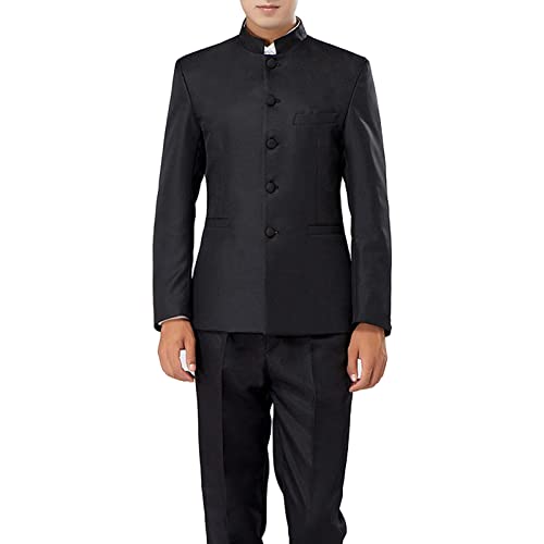 Men 2 Pieces Chinese Tunic Suits Traditional Formal Uniform Blazer Pant Set Vintage Classic Stand Collar Suit Set (Black,XX-Large)