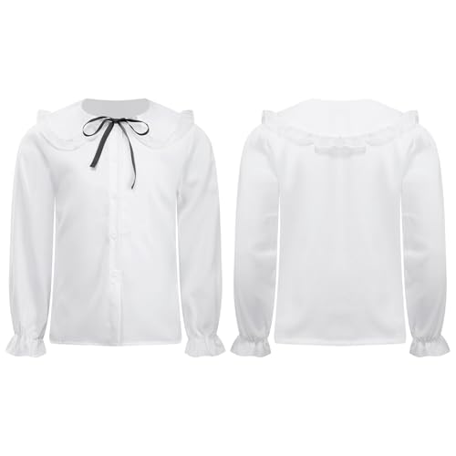 Loyan Girls School Uniform Ruffle Button Down Shirts Long Sleeve White Blouse Princess Bowknot Crop Tops