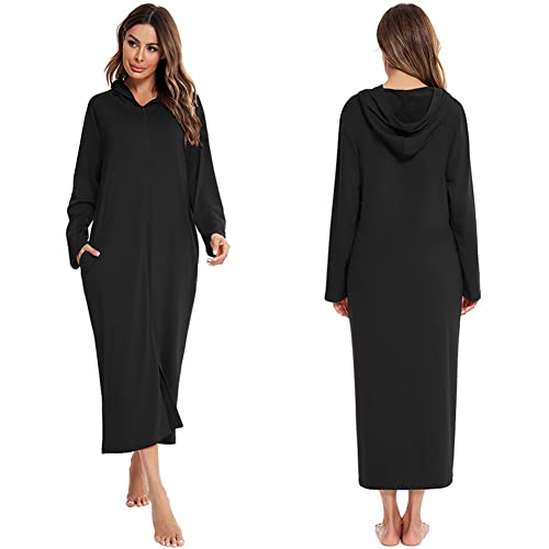 Damen Langarm Kapuzenrobe Reißverschluss Morgenmantel Leichter Bademantel Weicher Hausmantel Lockeres lässiges langes Nachthemd mit Taschen, S-2XL Cover