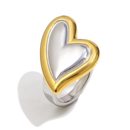 Kokoma Two-Toned Heart Statement Ring for Women, Stainless Steel Love Heart Eternity Promise Ring Chunky Finger Band Fashion Valentine Jewelry (7)