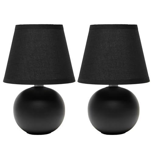 Simple Designs LT1196-BLK-2PK 8.66" 2-Pack Chic Little Globe Ceramic Table Lamp Set with Matching Tapered Shade, for Living Room, Bedroom, Office, Black