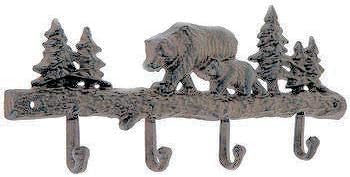 Heavy Cast Iron Hooks Hanger - 2 Black Bears National Park Theme - Walking Across a Log, 4 Wall Hanging Hooks - Rustic Black Bronze Finish - Accented with Pine Trees