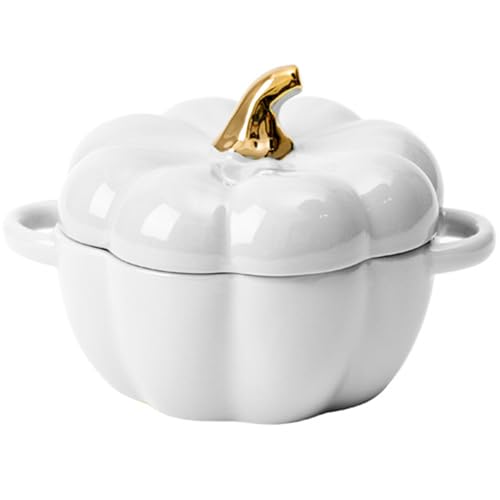 Olla de cerámica, Cacerola, tazón for sopa con tapa y asa, sopera grande forma de doble(White)