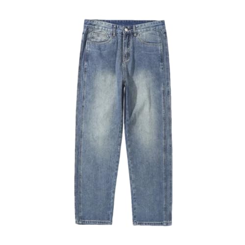 Men's Button Loose Jeans, High Waist Straight Casual Retro Trousers, Stretch Jeans