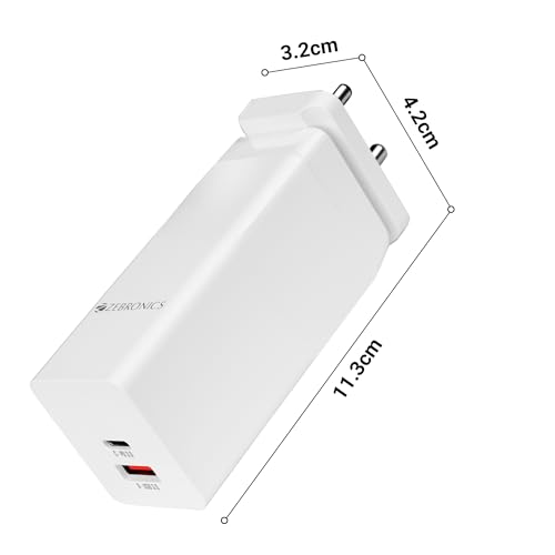Image of ZEBRONICS RC30B,100W, Gan Charger,Dual-Ports (Type C & USB 3.0),PD 3.0 (PPS) Compact Design, Built in Protections,Smart IC,Detachable Plug,Compatible for iPhone,Android & Laptop, White