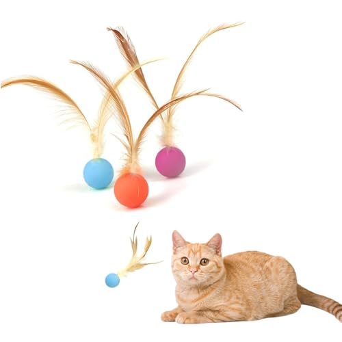 LINTRA 3 Pièces Balle Rebondissante Chat, Balle Interactive, en Caoutchouc Balles pour Chats, avec Plumes Boule Chat Interactif, pour L'entraînement au Jeu,...