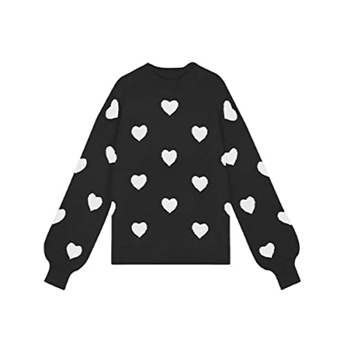 Image of Cute Sweaters for Women Girls Lovely Heart Printed Loose Casual Oversized Sweaters Crewneck Long Sleeve Pullover Knit Top (as1, Alpha, m, Regular, Regular, Standard, Black, Medium)