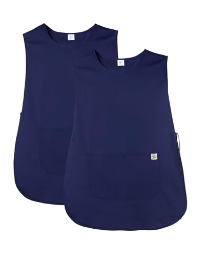 JONATHAN UNIFORM 2 Pack Tablier de Cuisine Femme 2 Poches, Blouse Medicale Sans Manches Pharmacie, Blouse Femme de Ménage pour Nettoyage Ecole Peintre (Navy...