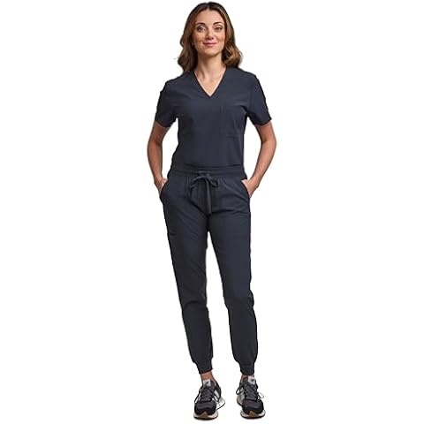Green Town Scrubs for Women Scrub Set - Jogger Pant and Tuck-in V-Neck Top, 5 Pockets, Yoga Waistband, Nursing Uniform-Pewter-Large Cover