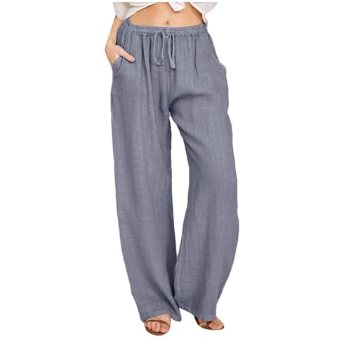 Cotton Linen Pants Women Casual Petite Elastic Waist Drawstring Pants Baggy Beach Lounge Trousers with Pockets