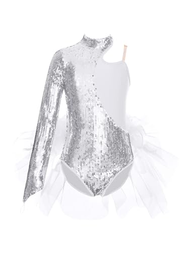 JEATHA Leotardo Brillantes Para Niñas Body Cuello Alto Con Falda De Tutu Eotardo De Gimnasia Rítmica Mono De Deportivo Vestido De Bailarina Plateado 5-6 años