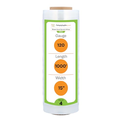 PSBM 4 Rolls 15 Inch x 1000 Feet 120 Gauge Blown Stretch Film/Wrap, Heavy Duty Industrial Strength Clear Shrink/Plastic Wrap for Moving, Packing, Shipping, Pallet Wrapping & Storage