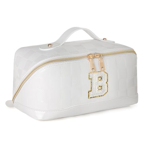 Initial Makeup Bag Large Capacity Travel Cosmetic Bag for Women PU Leather Open Flat Toiletry Bag with Handle and Divider Personalized Gifts for Women (Cream White B)