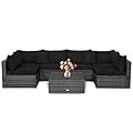 Tangkula 7 Piece Patio Wicker Furniture Set, Outdoor Rattan Sectional Sofa Set for 6 with Seat & Back Cushions, 2 Throw Pillows, Sofa Fastener Clips, for Backyard, Poolside, Deck and Garden (Black)