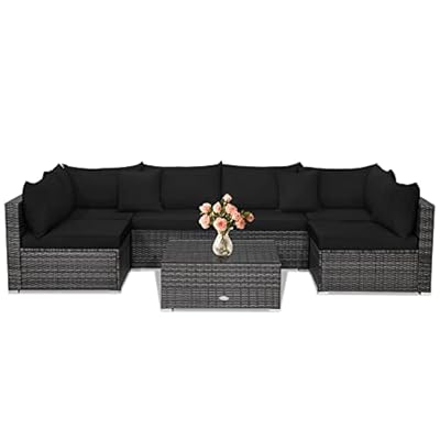 Tangkula 7 Piece Patio Wicker Furniture Set, Outdoor Rattan Sectional Sofa Set for 6 with Seat & Back Cushions, 2 Throw Pillows, Sofa Fastener Clips, for Backyard, Poolside, Deck and Garden (Black)